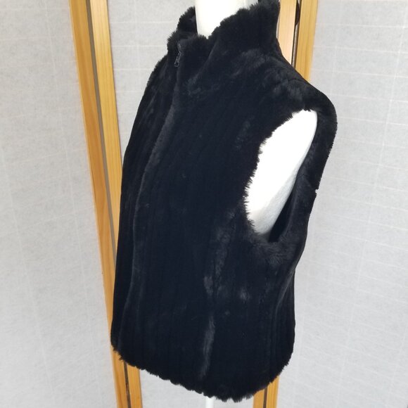 1980s Express Black Faux Mink Vest Zip Up Reversible to Satin Size Medium - Picture 6 of 14